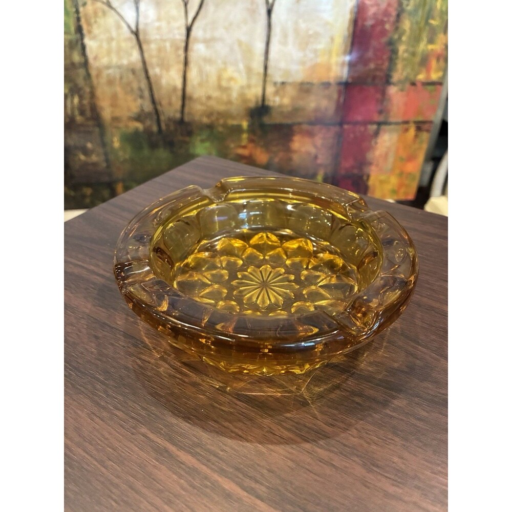 1960s Anchor Hocking Amber Glass Fairfield Starburst 6” Heavy Round Ashtray VTG